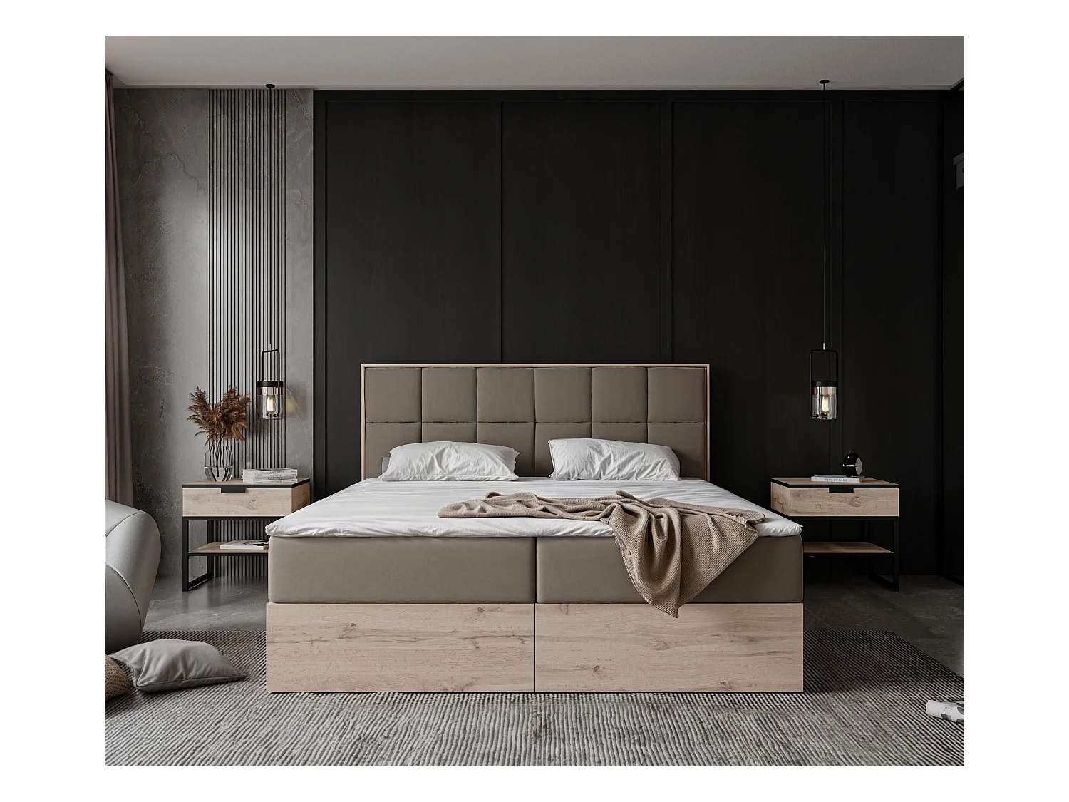 Lit continental rembourré avec surmatelas, marron - 180x200 - LAVIO II