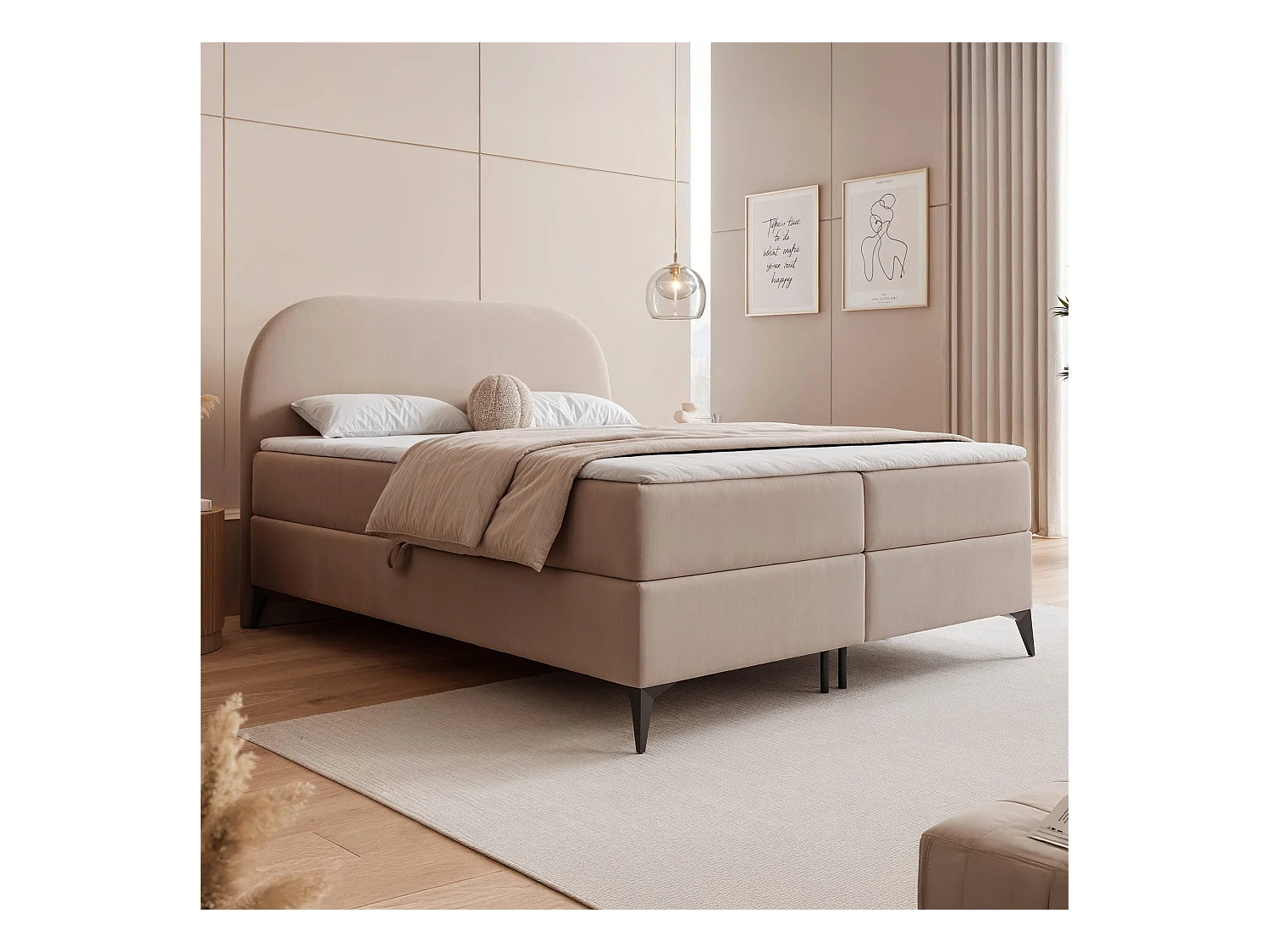 Lit continental rembourré sur pieds avec surmatelas, beige - 180x200 - NOELIA