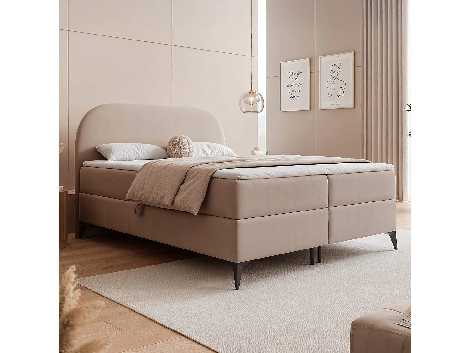 Lit continental rembourré sur pieds avec surmatelas, beige - 180x200 - NOELIA