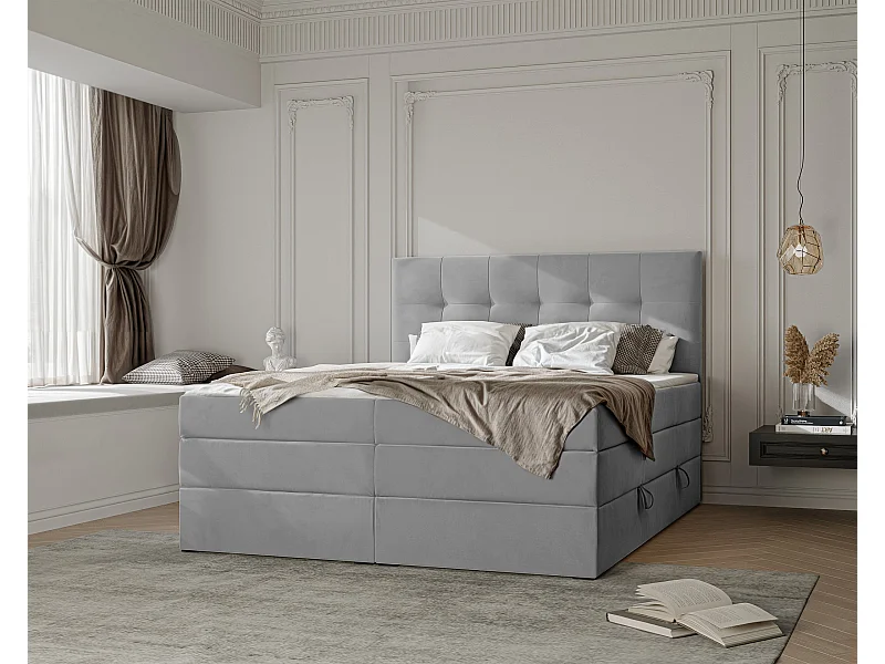 Lit continental rembourré avec surmatelas, gris - 200x200 - AZARIO