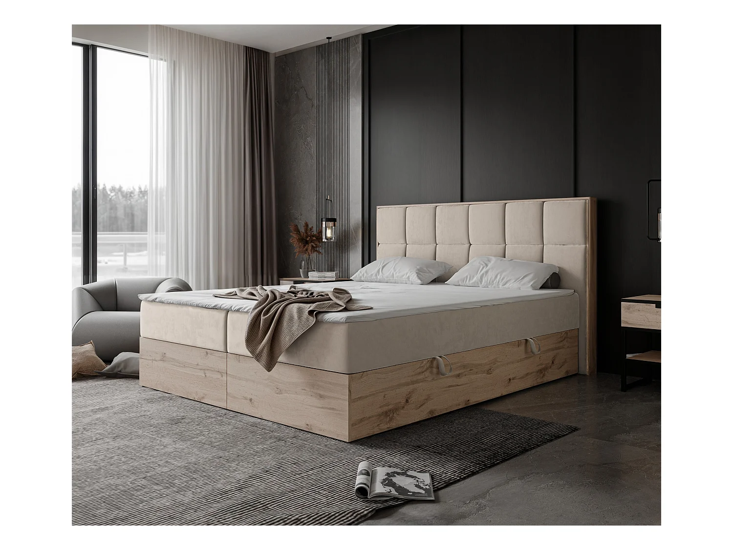 Lit continental rembourré avec surmatelas, beige - 180x200 - LAVIO II