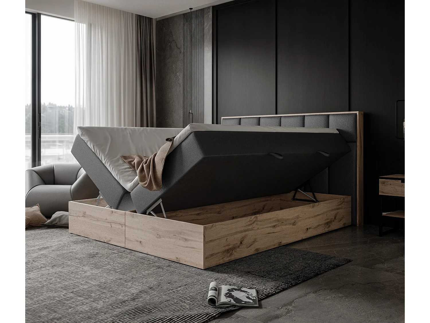 Lit continental rembourré avec surmatelas, noir  - 120x200 - LAVIO II