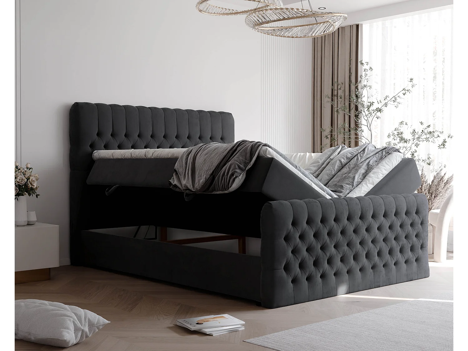 Lit continental rembourré avec matelas, noir - 180x200