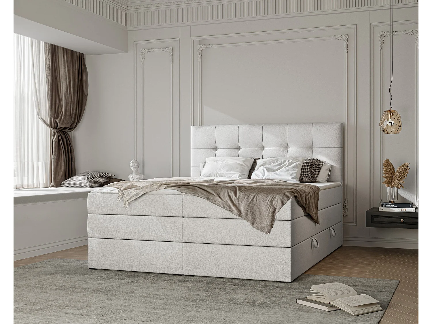 Lit continental rembourré avec surmatelas, blanc  - 200x200 - AZARIO