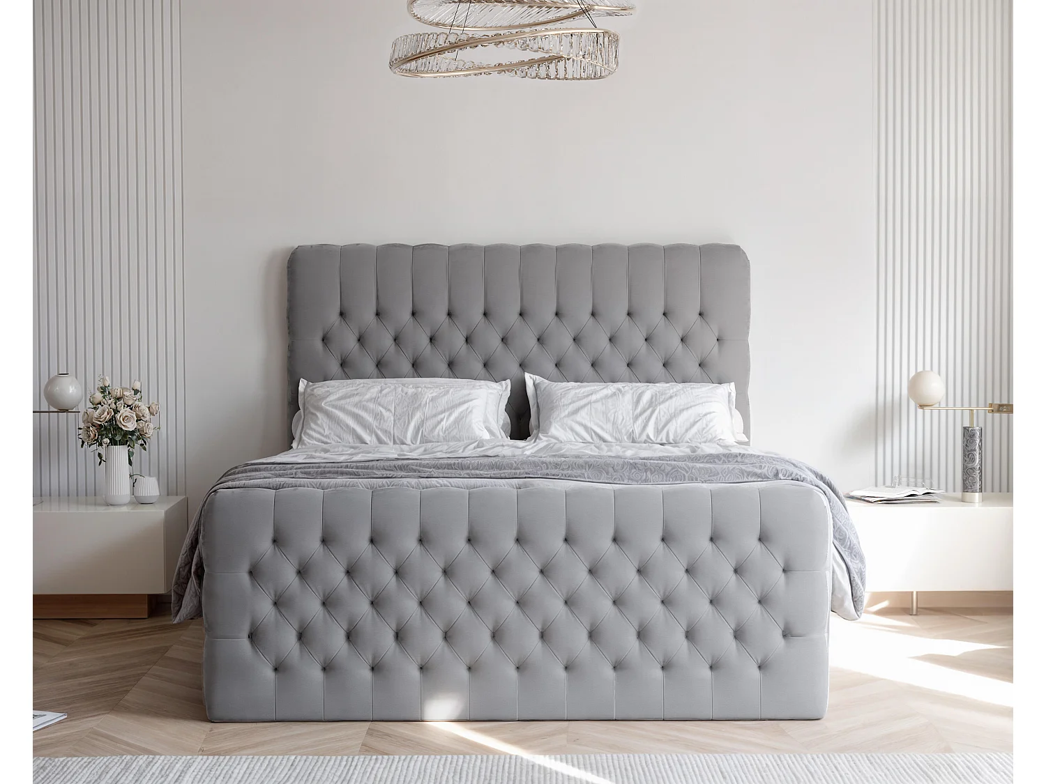 Lit continental rembourré avec matelas, gris clair - 140x200