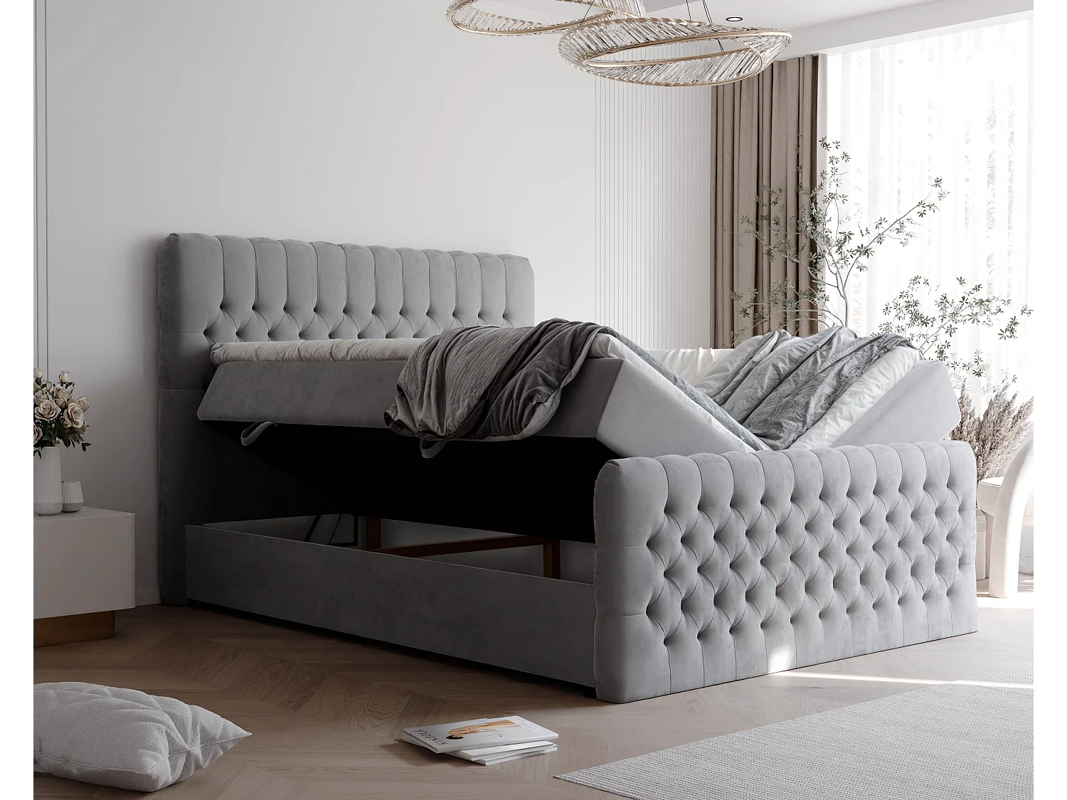 Lit continental rembourré avec matelas, gris clair - 140x200