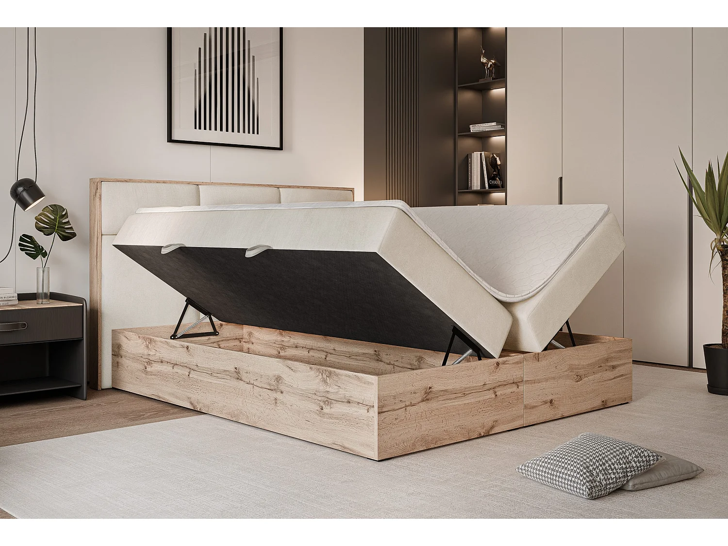 Lit continental rembourré avec surmatelas, beige - 180x200 - LAVIO