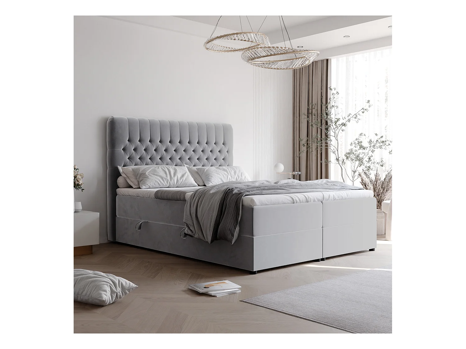Lit continental rembourré avec matelas, gris clair - 120x200