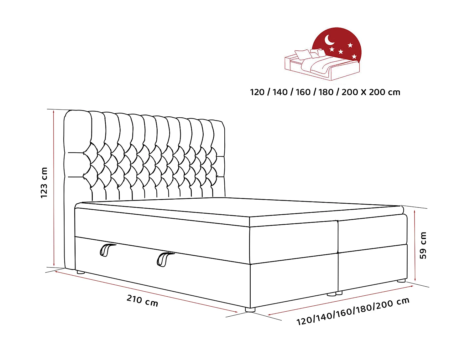 Lit continental rembourré avec matelas, gris clair - 120x200