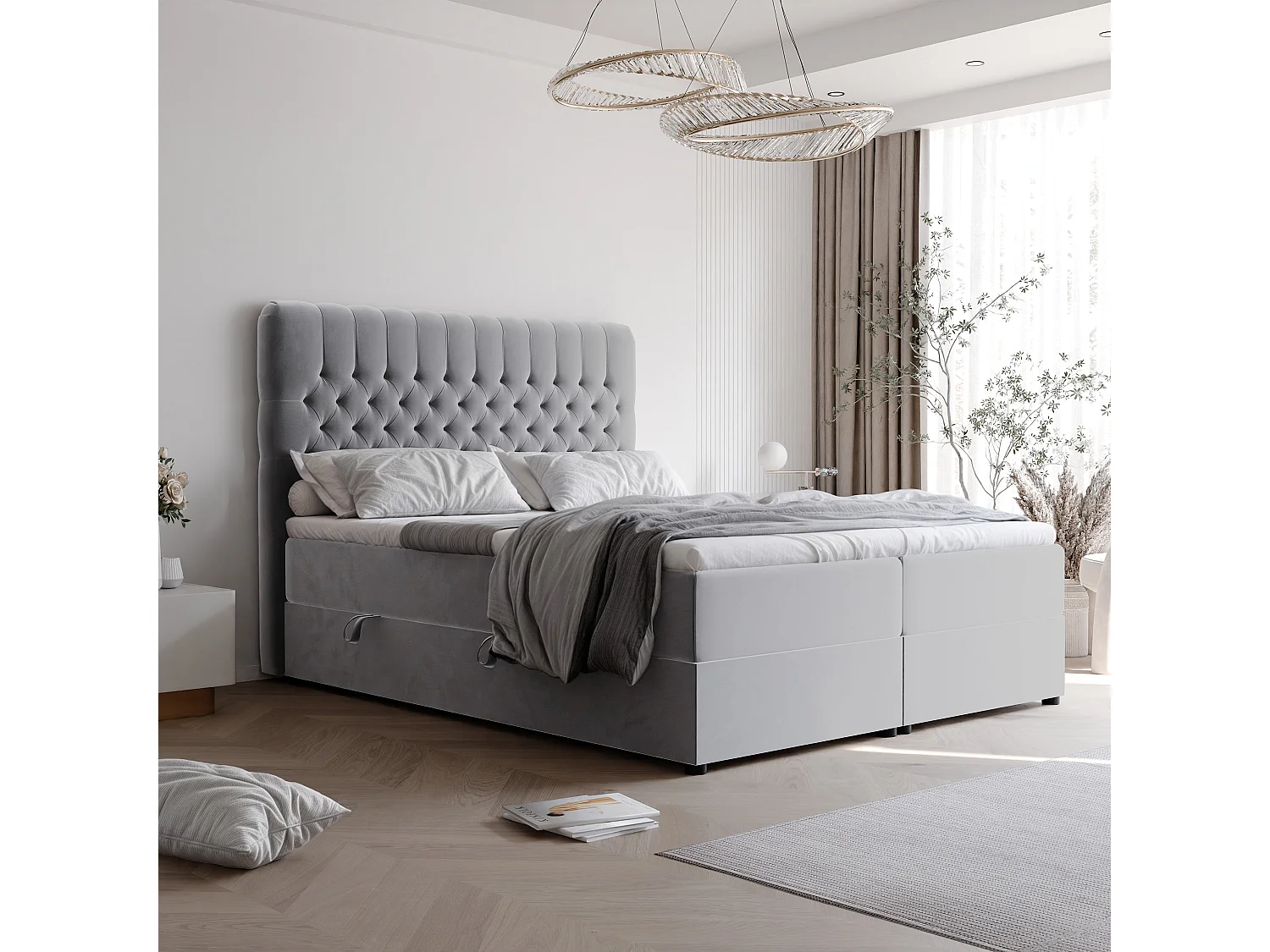 Lit continental rembourré avec matelas, gris clair - 120x200