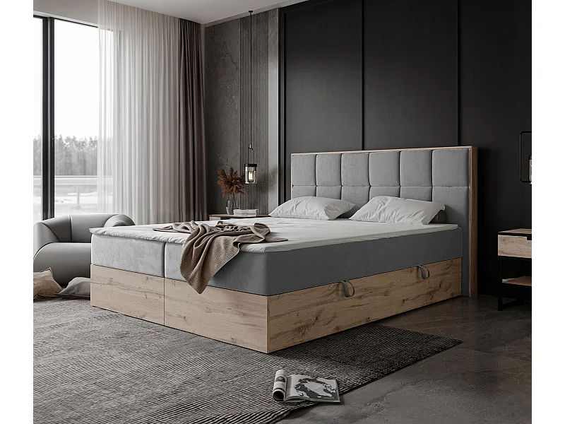 Lit continental rembourré avec surmatelas, gris - 200x200 - LAVIO II