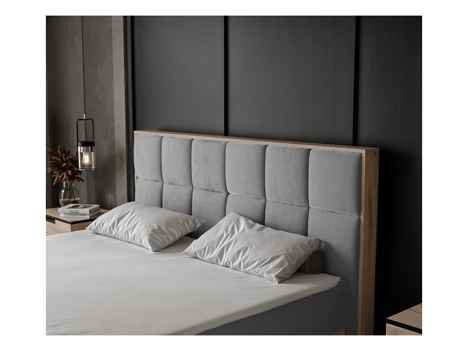 Lit continental rembourré avec surmatelas, gris - 200x200 - LAVIO II