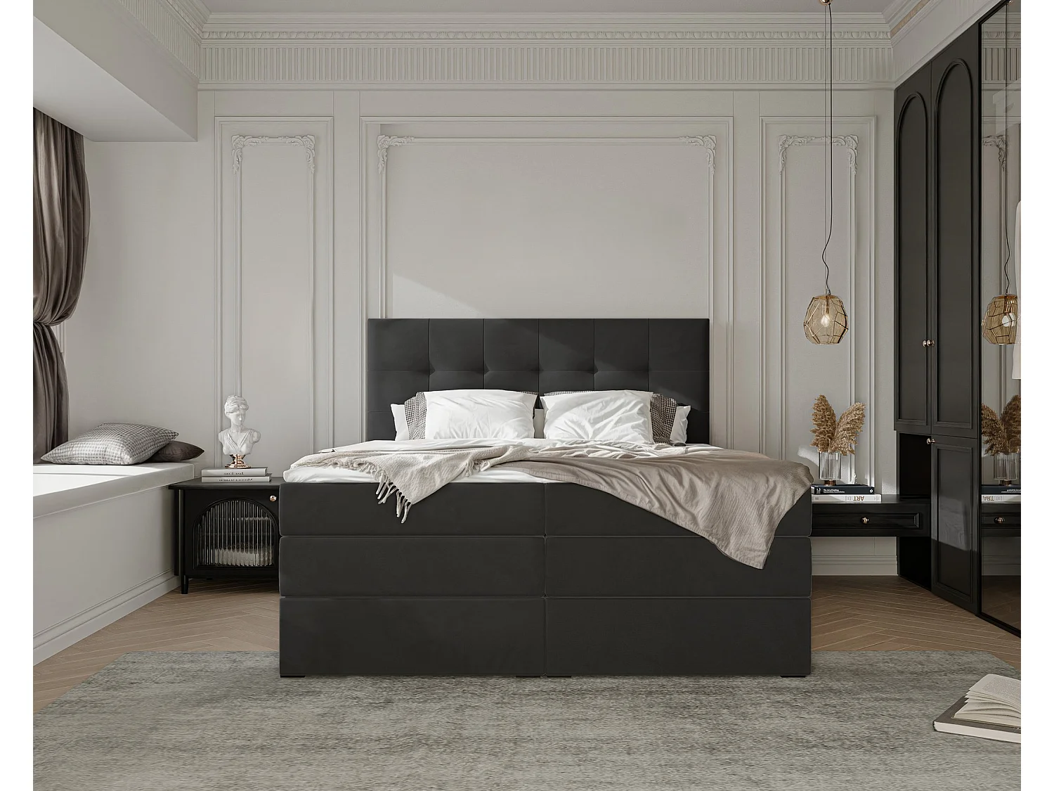 Lit continental rembourré avec surmatelas, noir - 180x200 - AZARIO