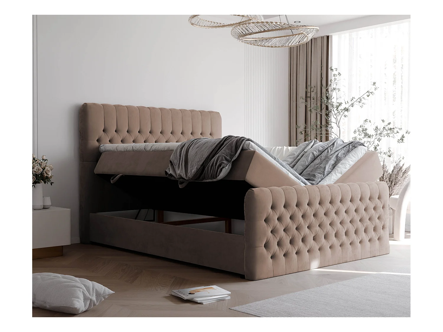 Lit continental rembourré avec matelas, marron - 140x200