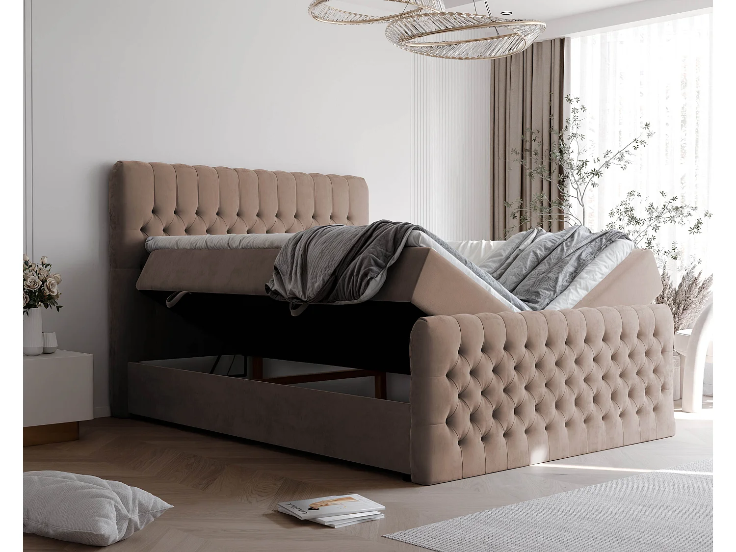 Lit continental rembourré avec matelas, marron - 140x200