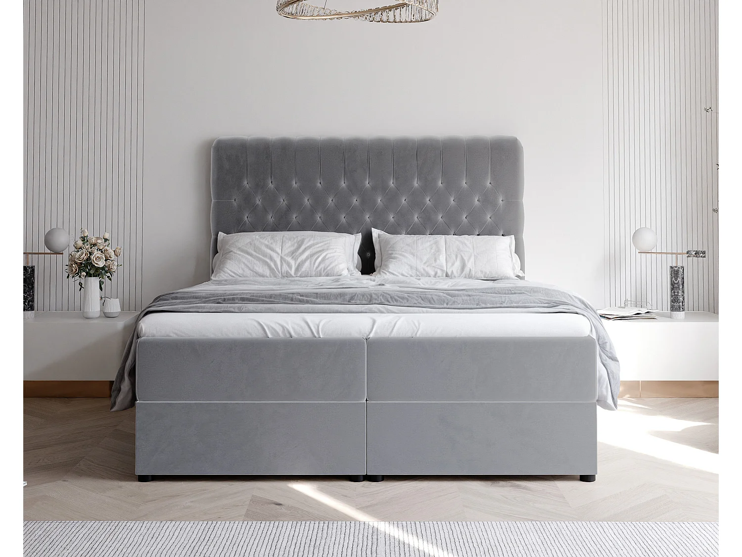 Lit continental rembourré avec matelas, gris clair - 180x200