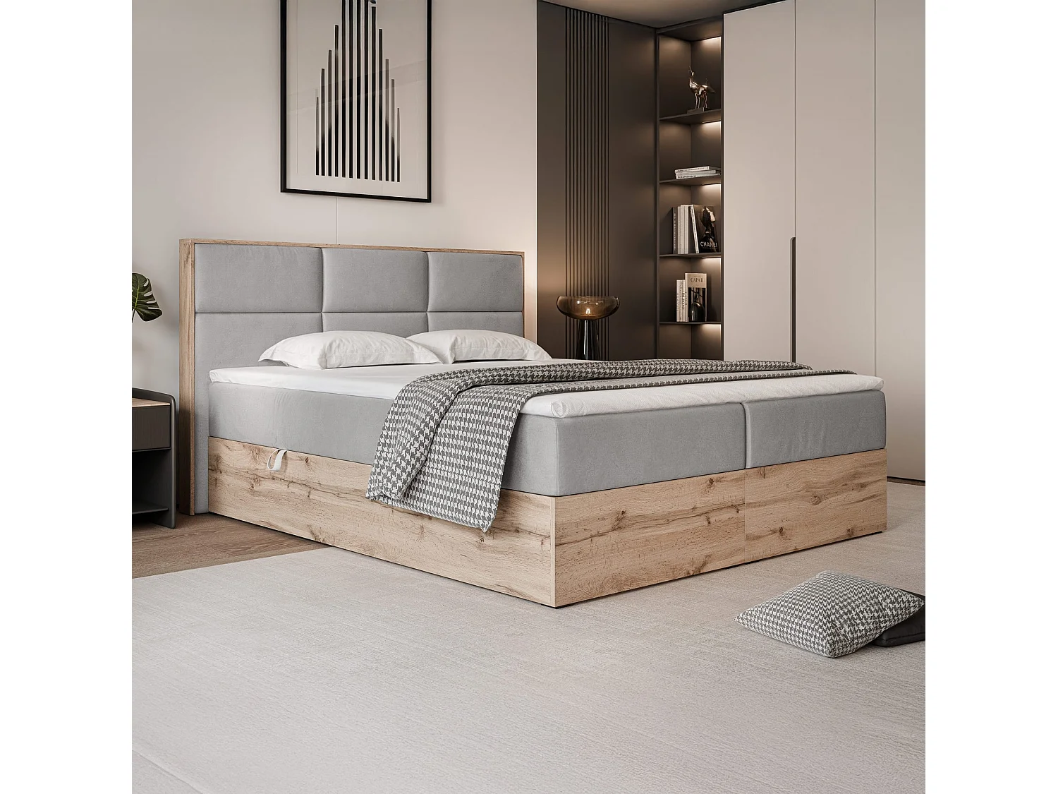 Lit continental rembourré avec surmatelas, gris - 140x200 - LAVIO