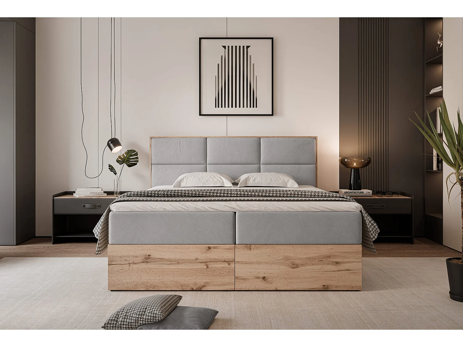 Lit continental rembourré avec surmatelas, gris - 140x200 - LAVIO