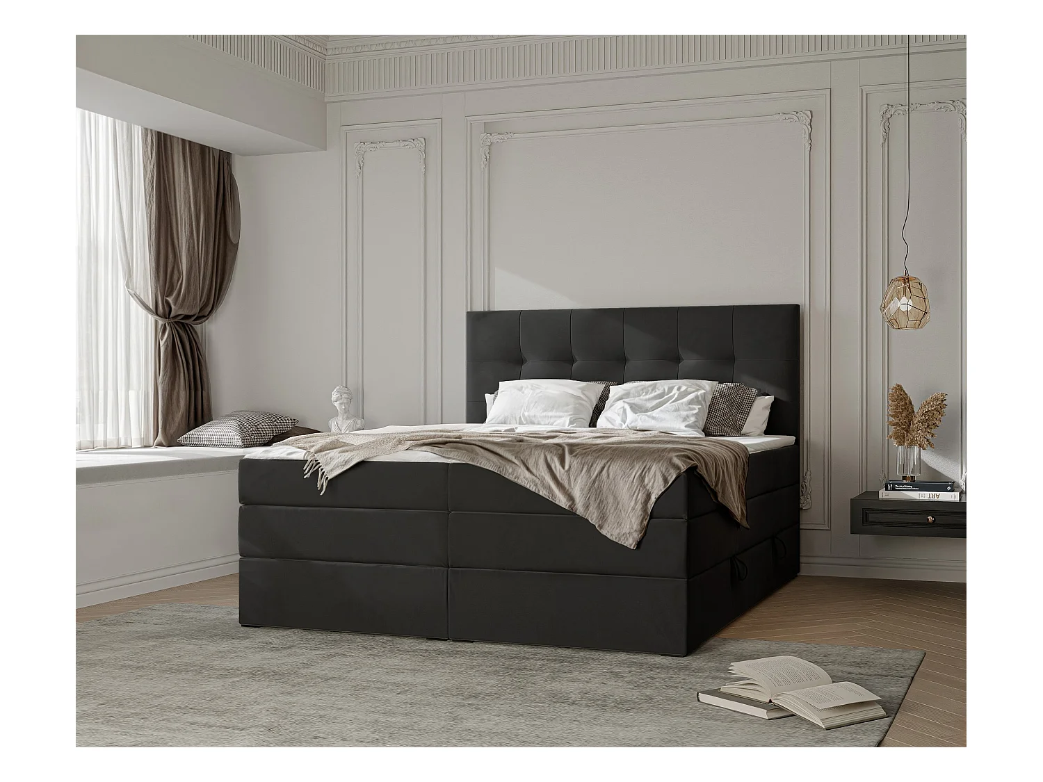 Lit continental rembourré avec surmatelas, noir - 160x200 - AZARIO