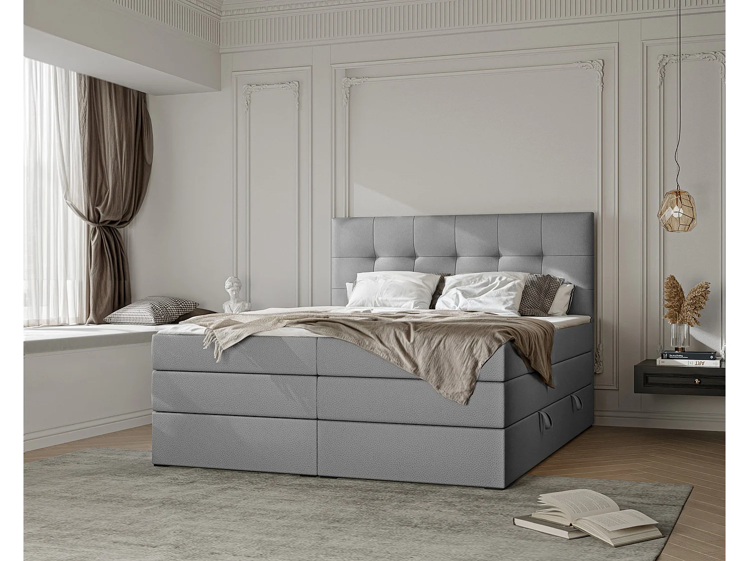 Lit continental rembourré avec surmatelas, gris  - 180x200 - AZARIO