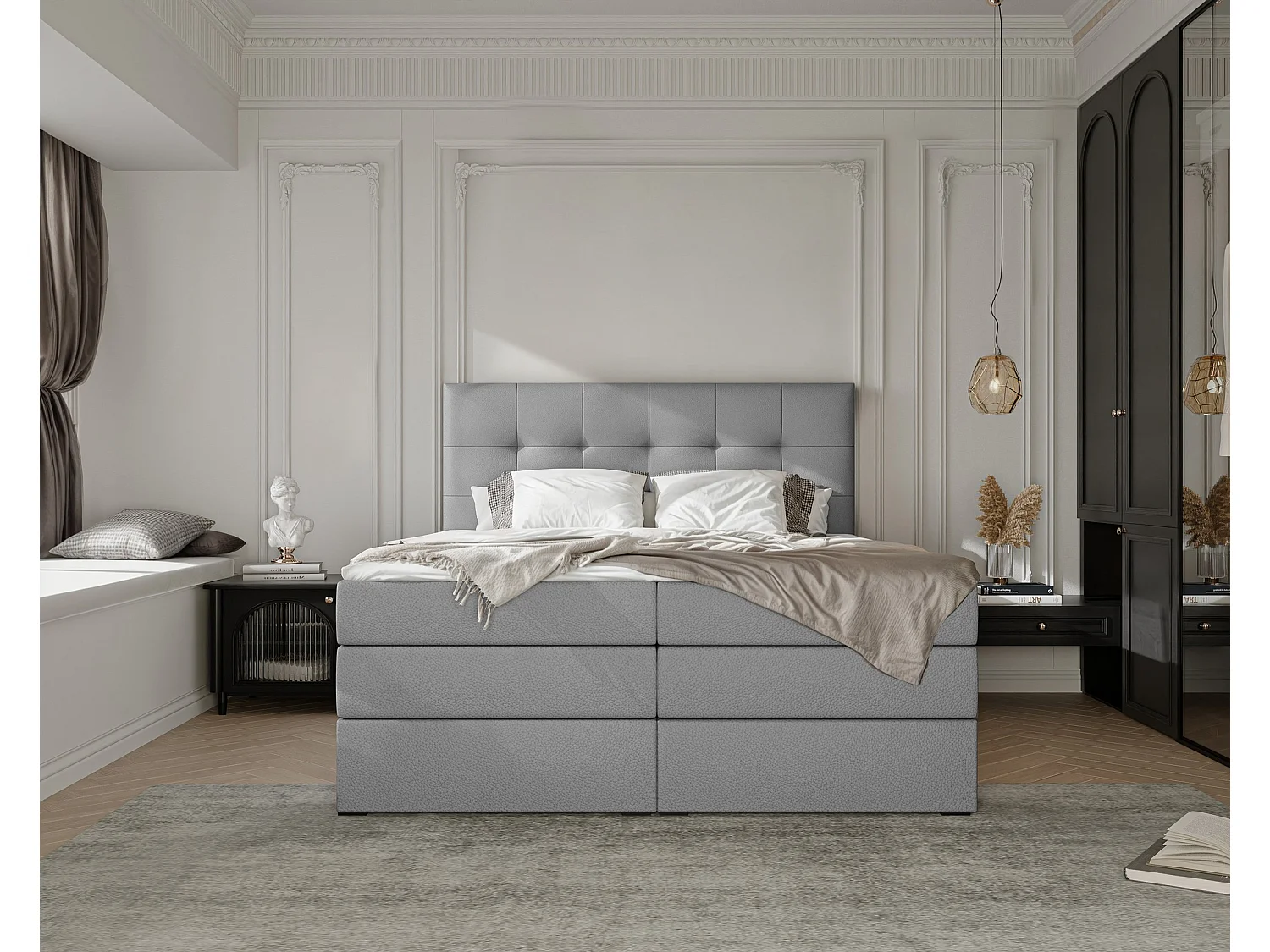 Lit continental rembourré avec surmatelas, gris  - 180x200 - AZARIO