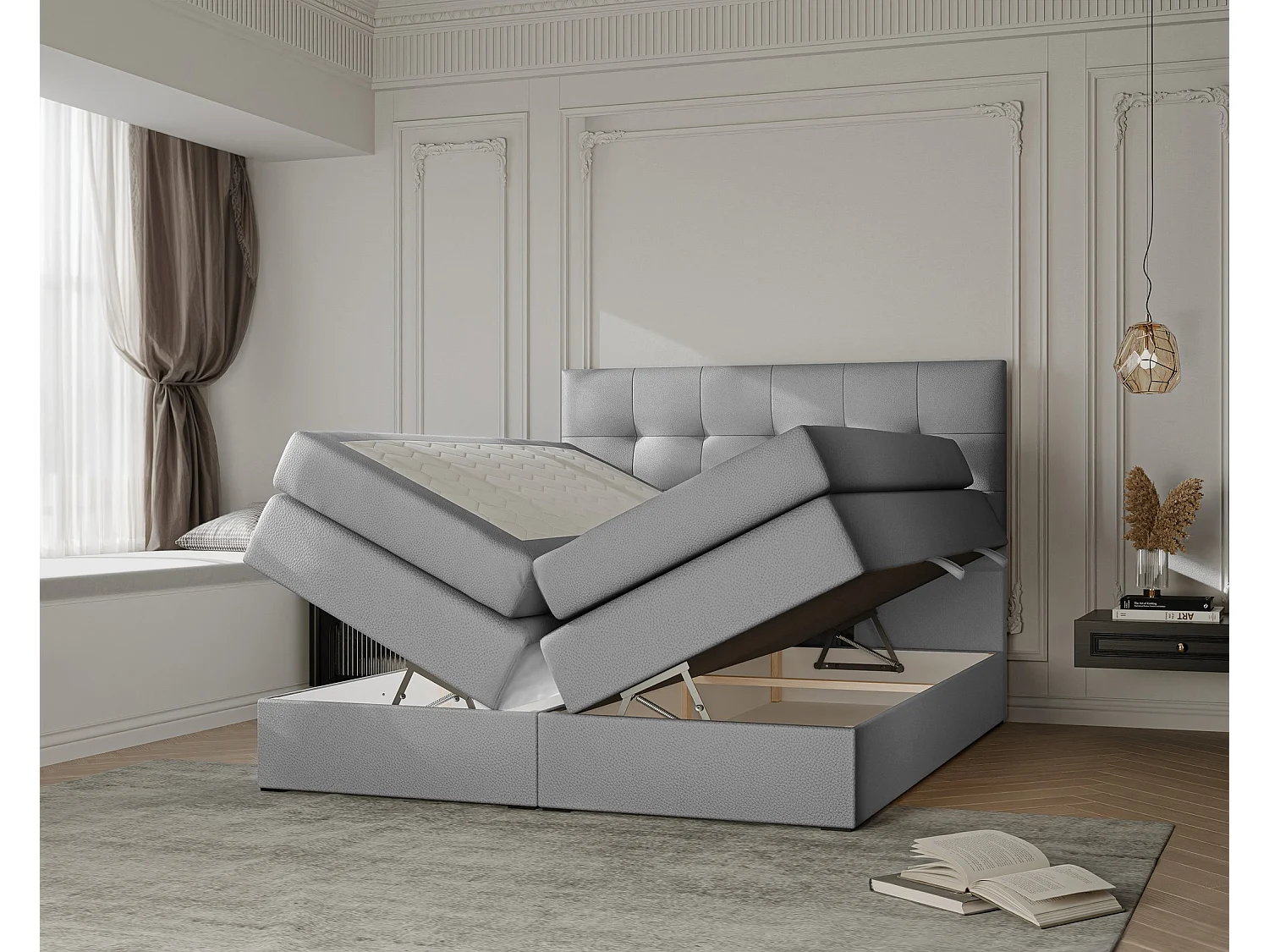 Lit continental rembourré avec surmatelas, gris  - 180x200 - AZARIO