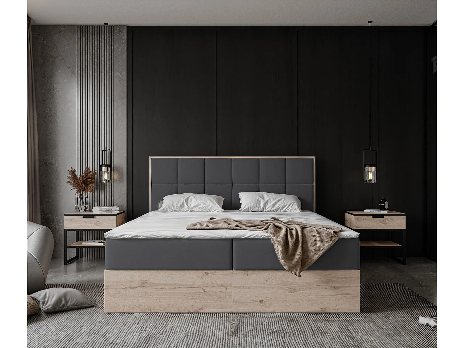 Lit continental rembourré avec surmatelas, gris anthracite - 160x200 - LAVIO II