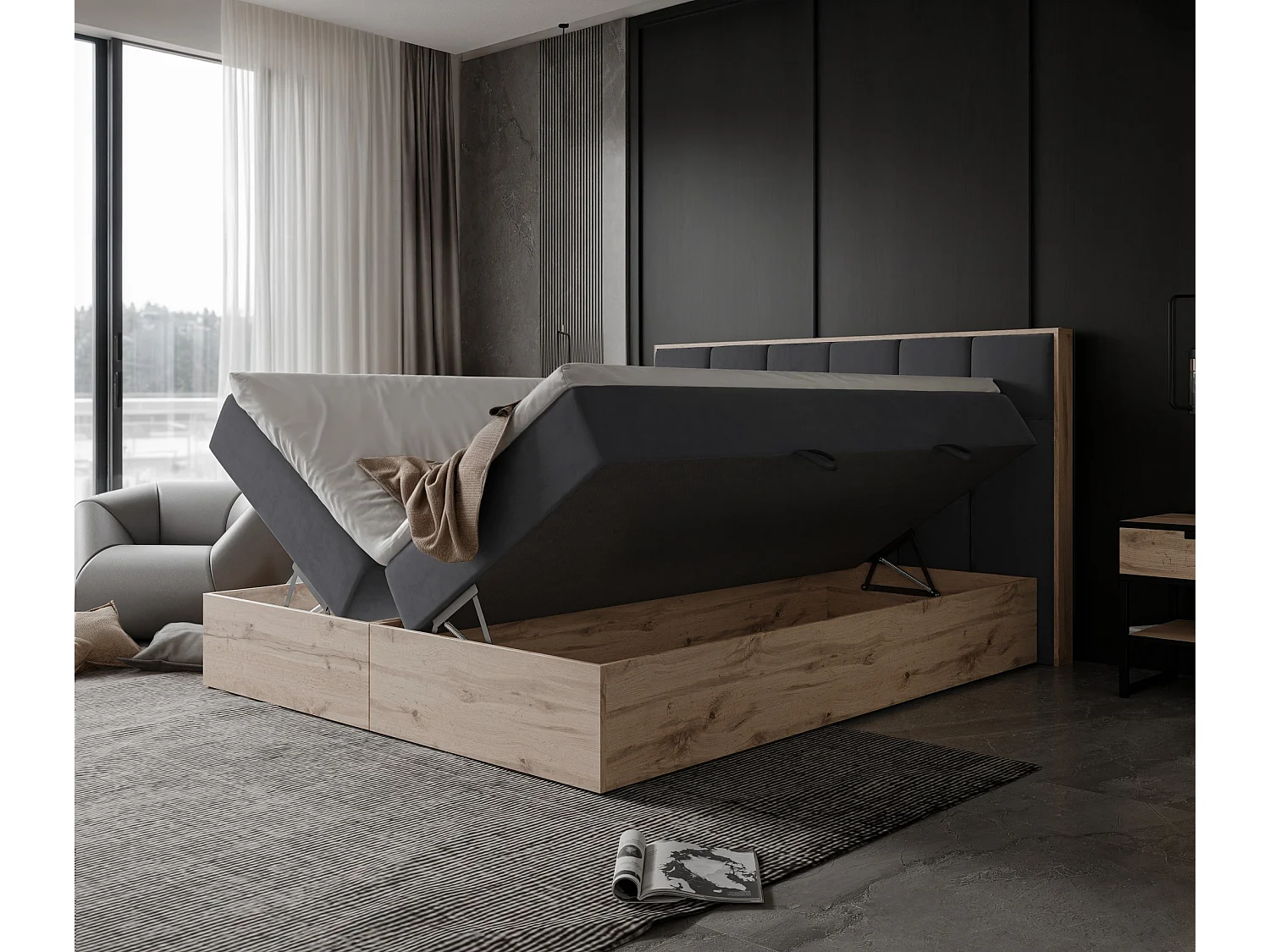 Lit continental rembourré avec surmatelas, gris anthracite - 180x200 - LAVIO II