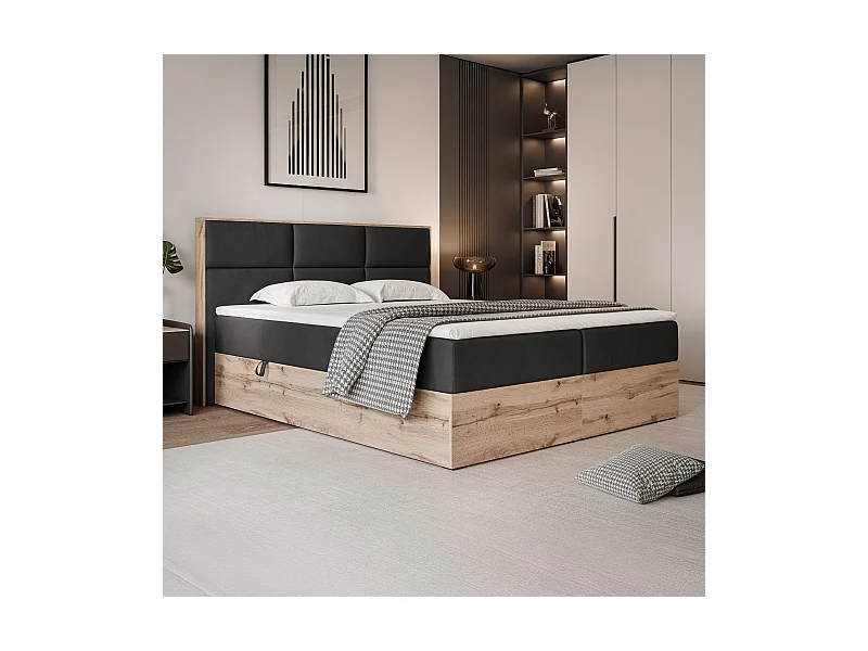 Lit continental rembourré avec surmatelas, noir - 140x200 - LAVIO