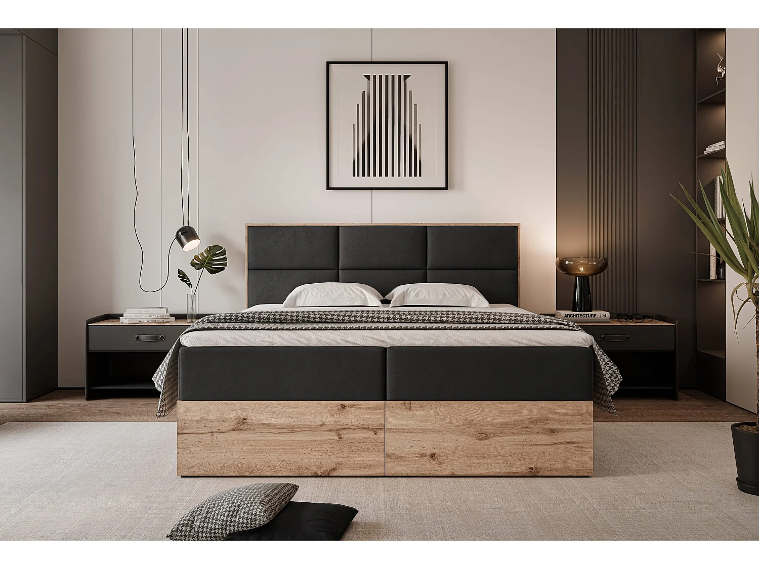 Lit continental rembourré avec surmatelas, noir - 140x200 - LAVIO