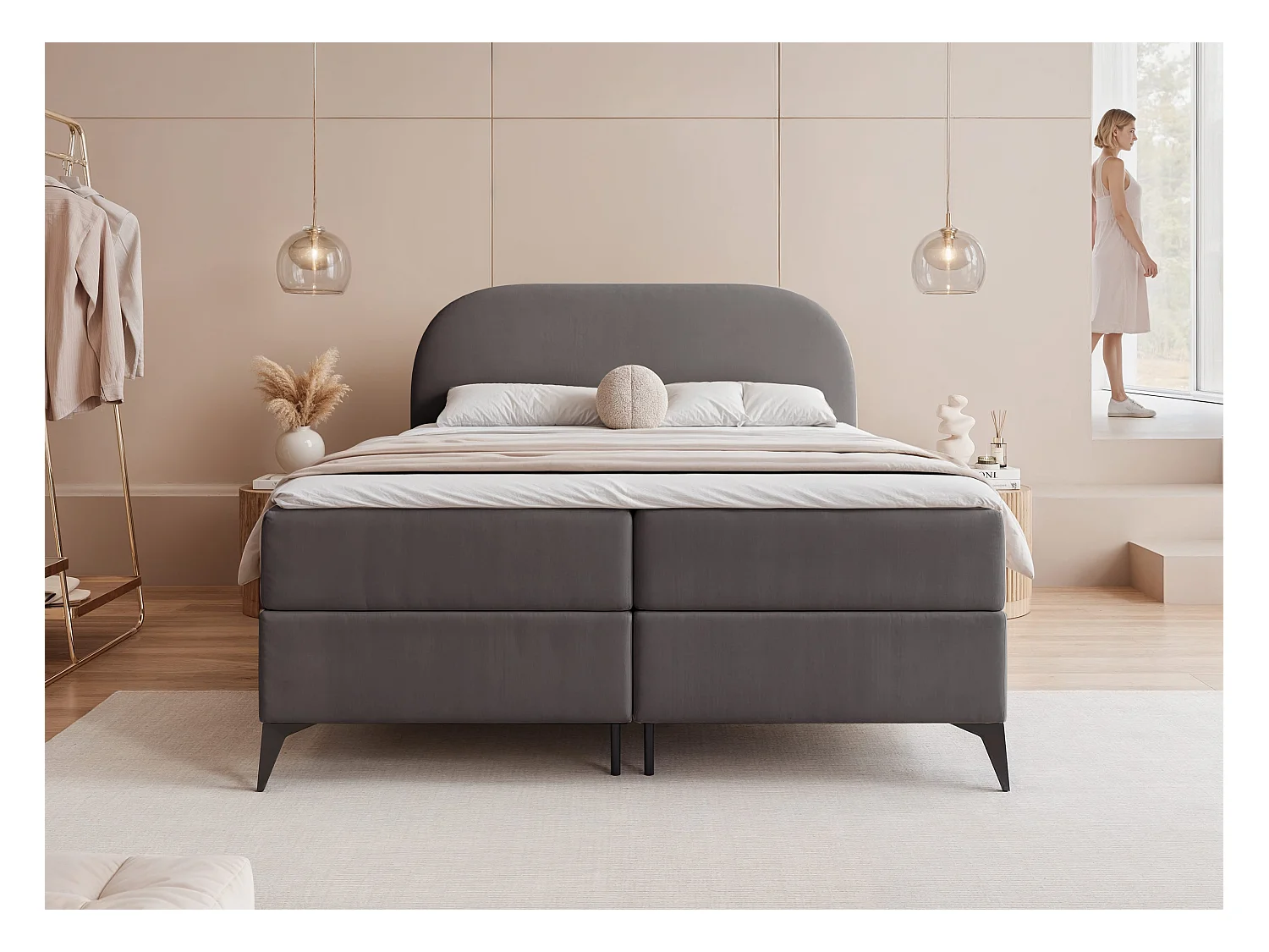 Lit continental rembourré sur pieds avec surmatelas, gris anthracite - 160x200 - NOELIA