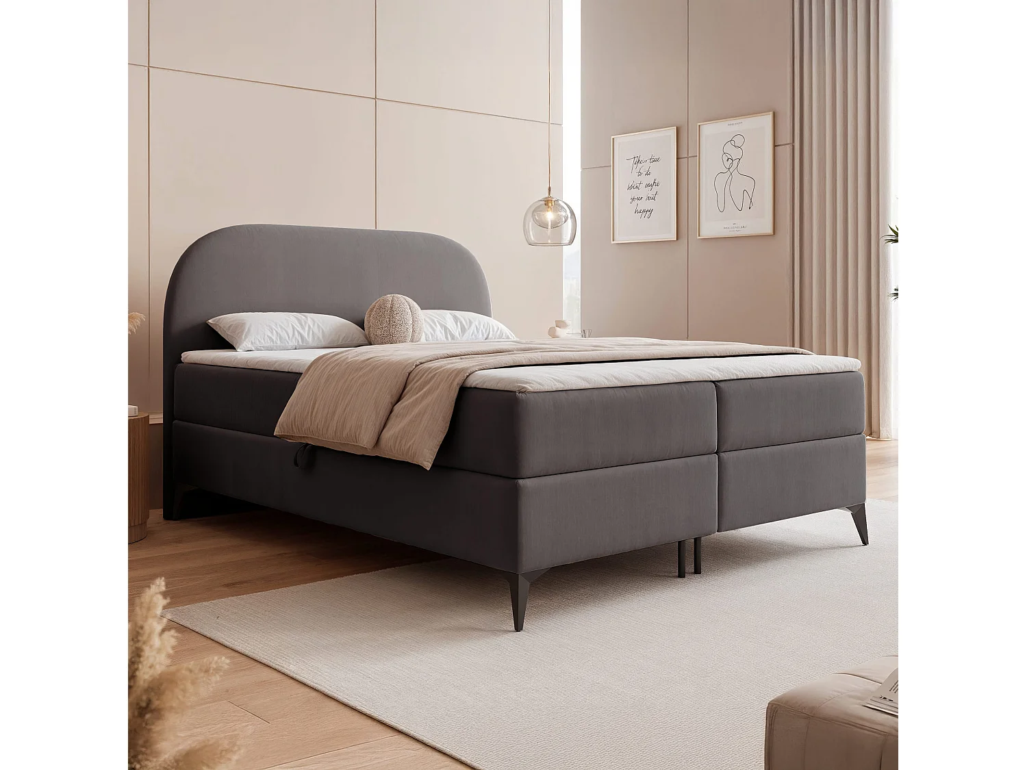 Lit continental rembourré sur pieds avec surmatelas, gris anthracite - 160x200 - NOELIA