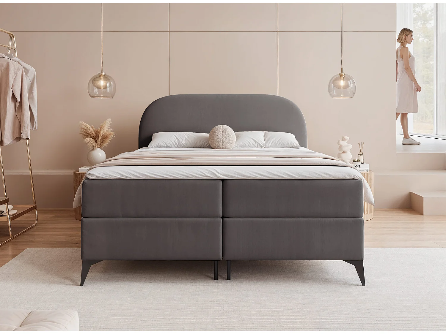 Lit continental rembourré sur pieds avec surmatelas, gris anthracite - 160x200 - NOELIA