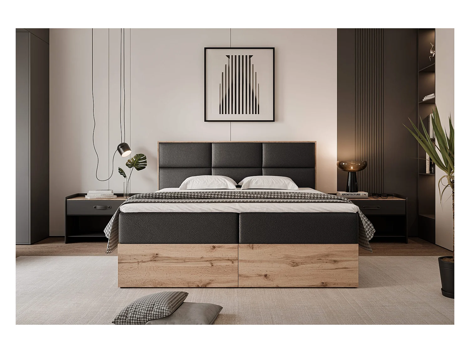 Lit continental rembourré avec surmatelas, noir  - 160x200 - LAVIO