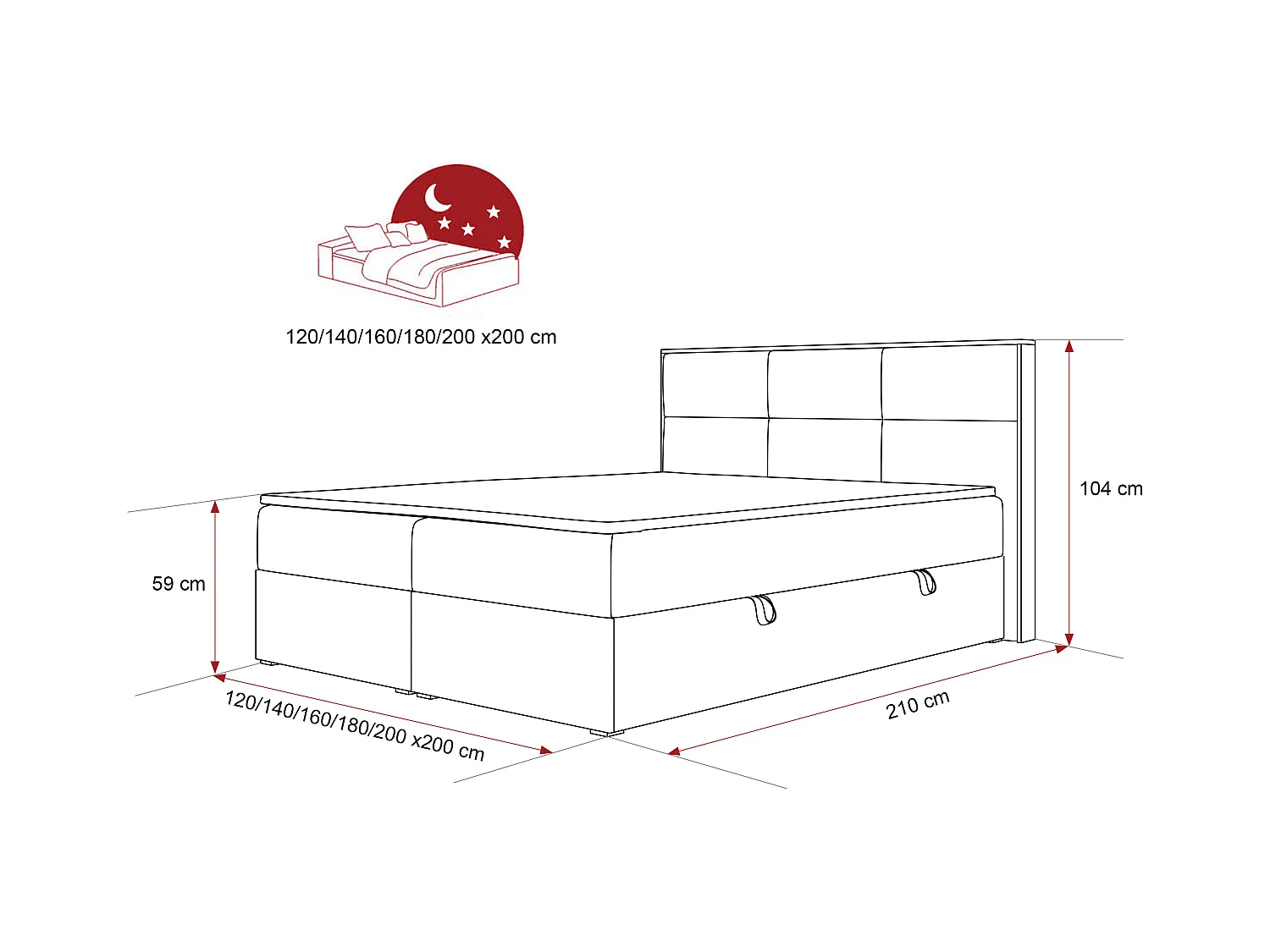 Lit continental rembourré avec surmatelas, noir  - 160x200 - LAVIO