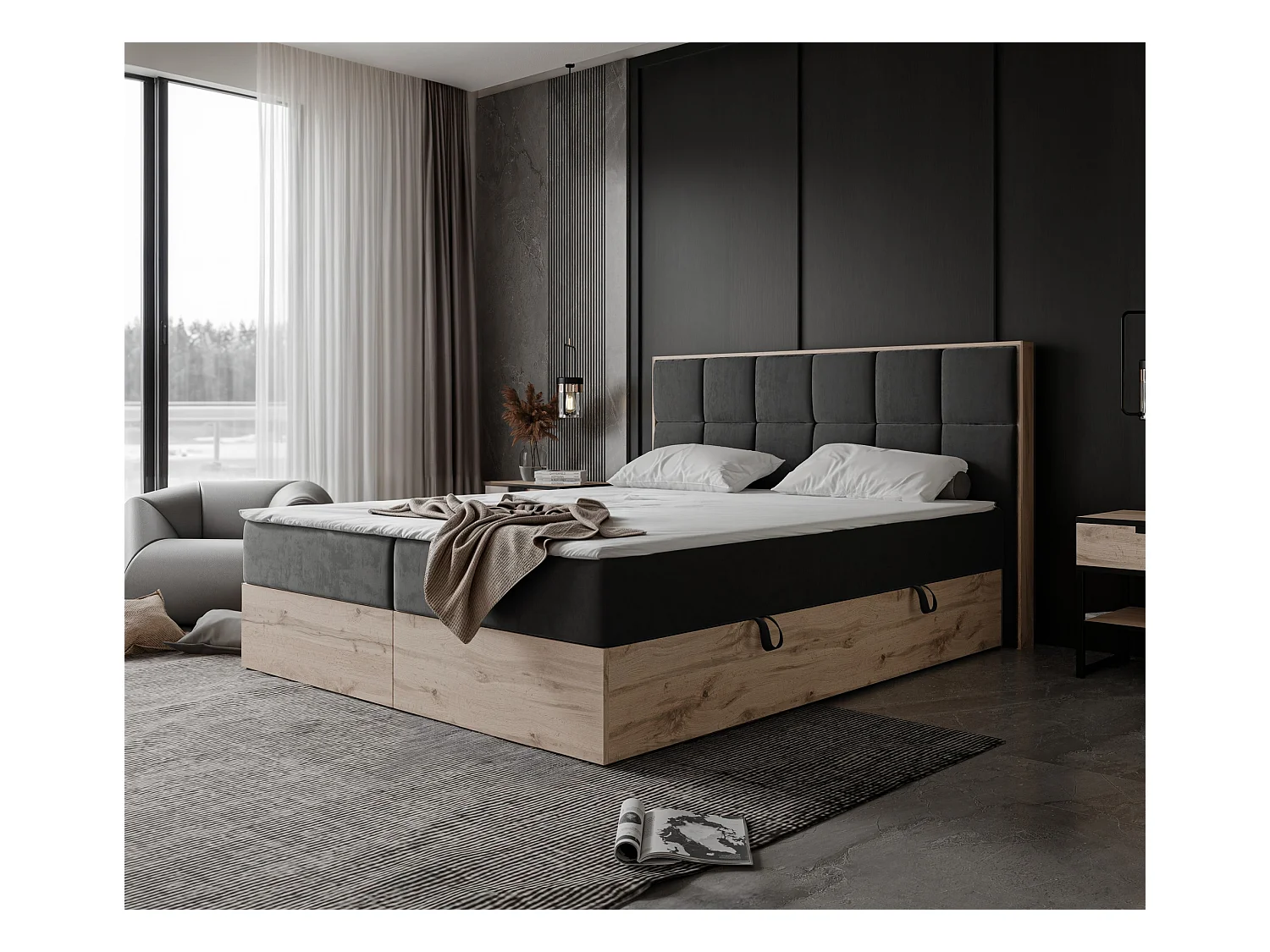 Lit continental rembourré avec surmatelas, gris anthracite - 180x200 - LAVIO II