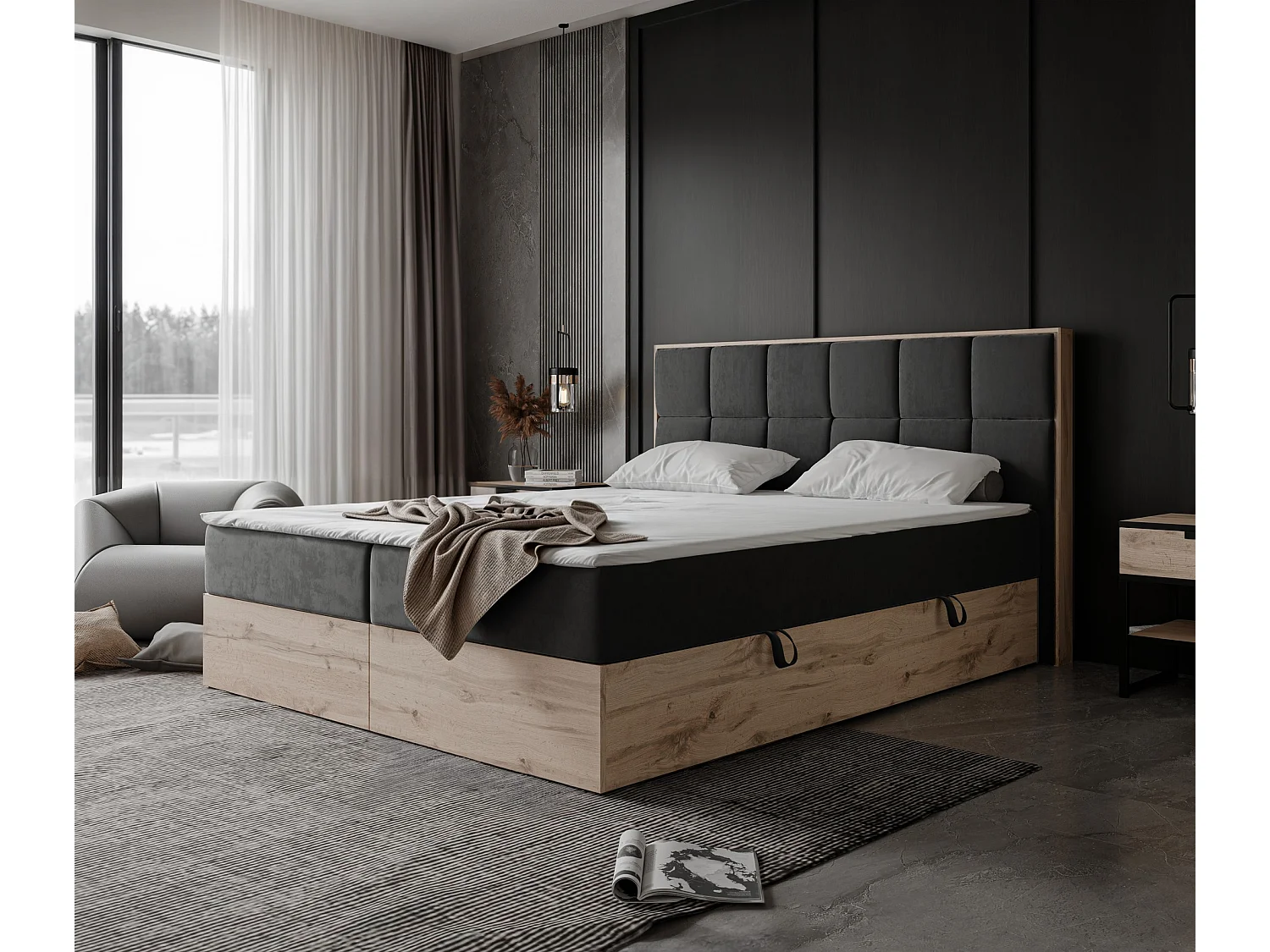 Lit continental rembourré avec surmatelas, gris anthracite - 180x200 - LAVIO II