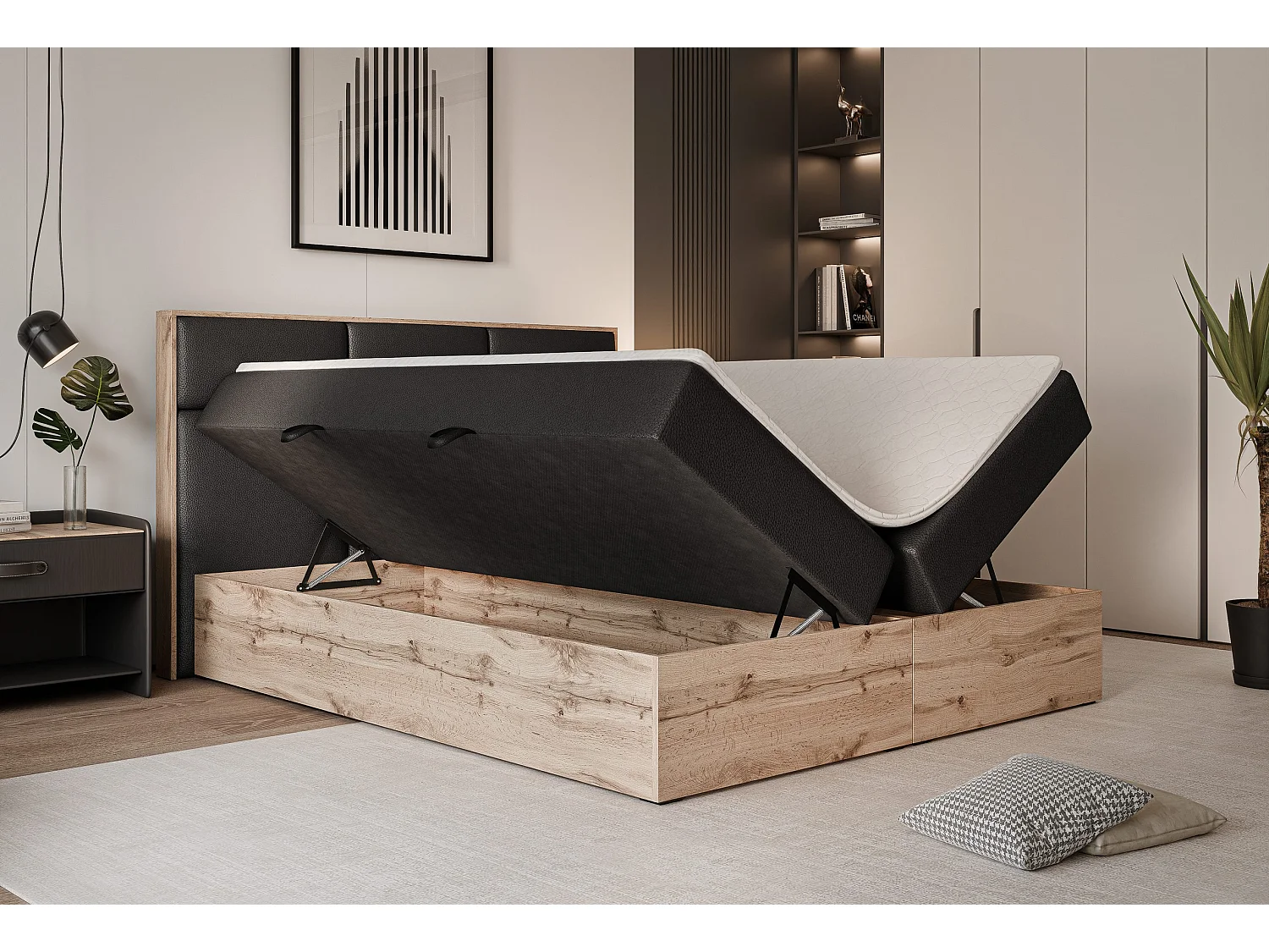 Lit continental rembourré avec surmatelas, noir  - 120x200 - LAVIO