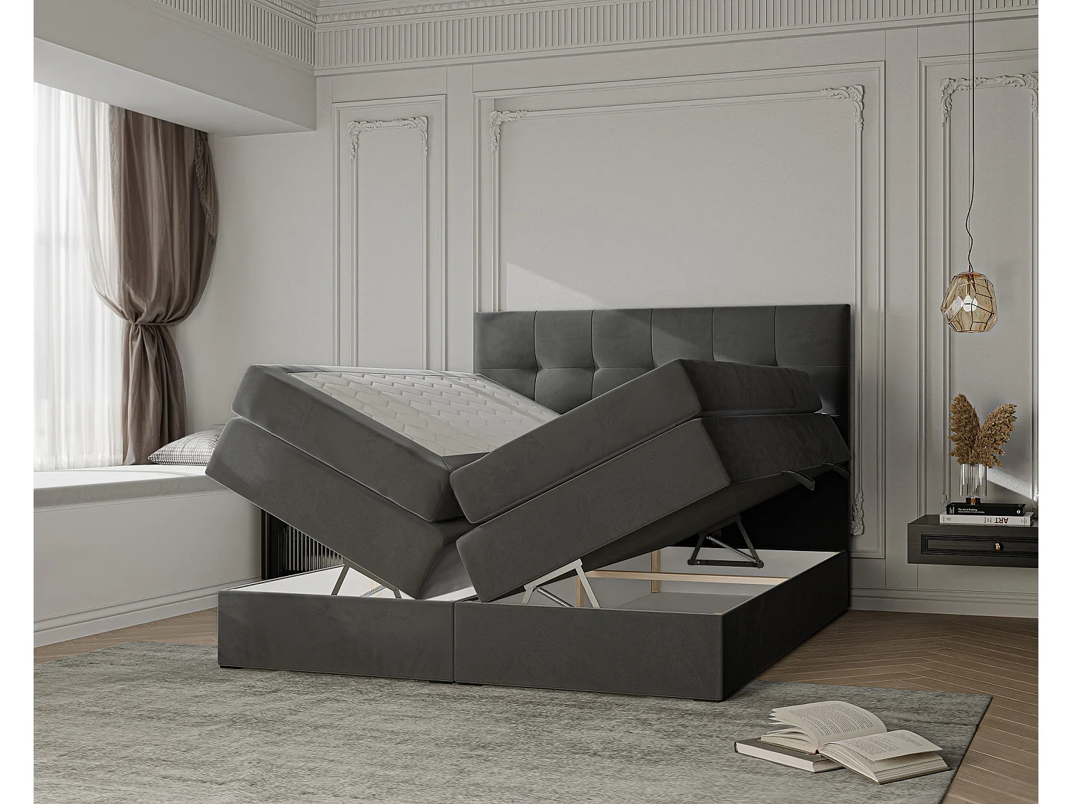 Lit continental rembourré avec surmatelas, gris anthracite - 140x200 - AZARIO