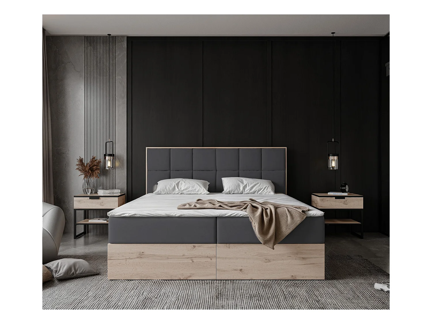 Lit continental rembourré avec surmatelas, gris anthracite - 140x200 - LAVIO II