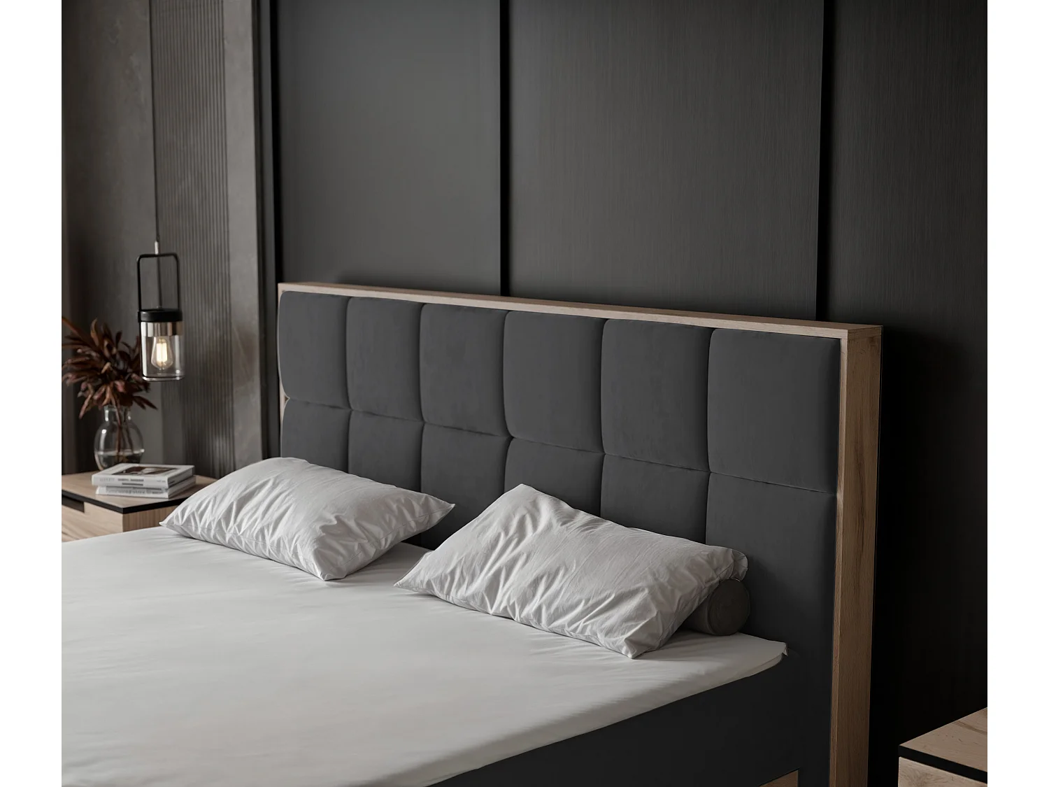 Lit continental rembourré avec surmatelas, gris anthracite - 140x200 - LAVIO II