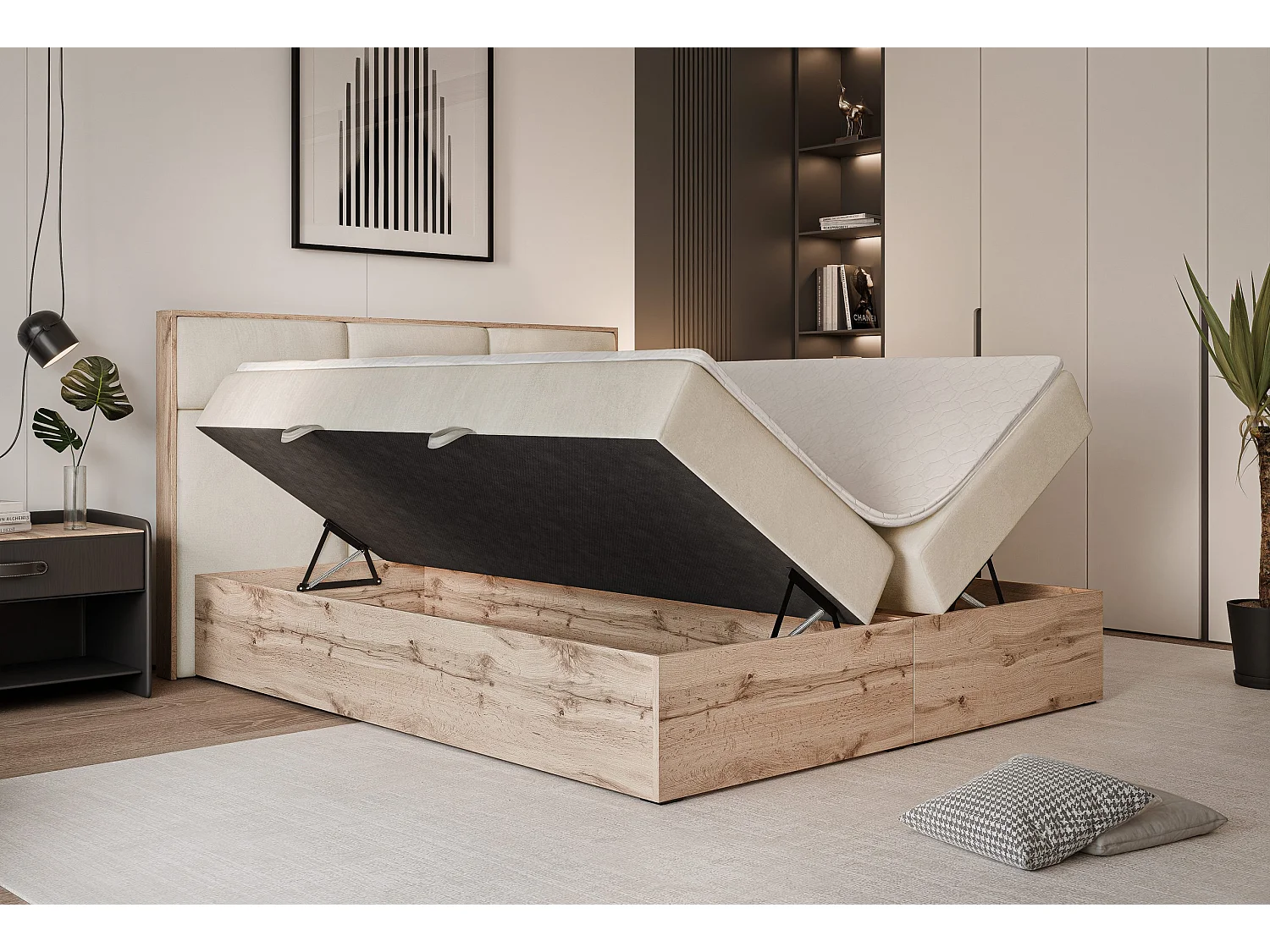 Lit continental rembourré avec surmatelas, crème - 180x200 - LAVIO