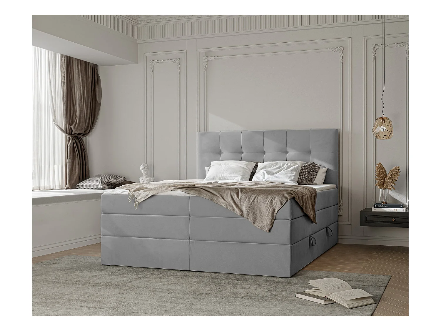 Lit continental rembourré avec surmatelas, gris - 180x200 - AZARIO