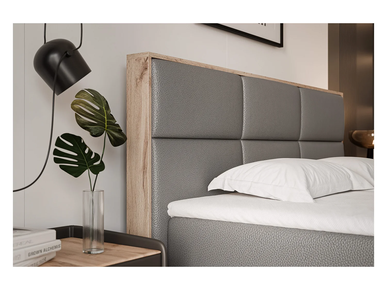 Lit continental rembourré avec surmatelas, gris  - 140x200 - LAVIO