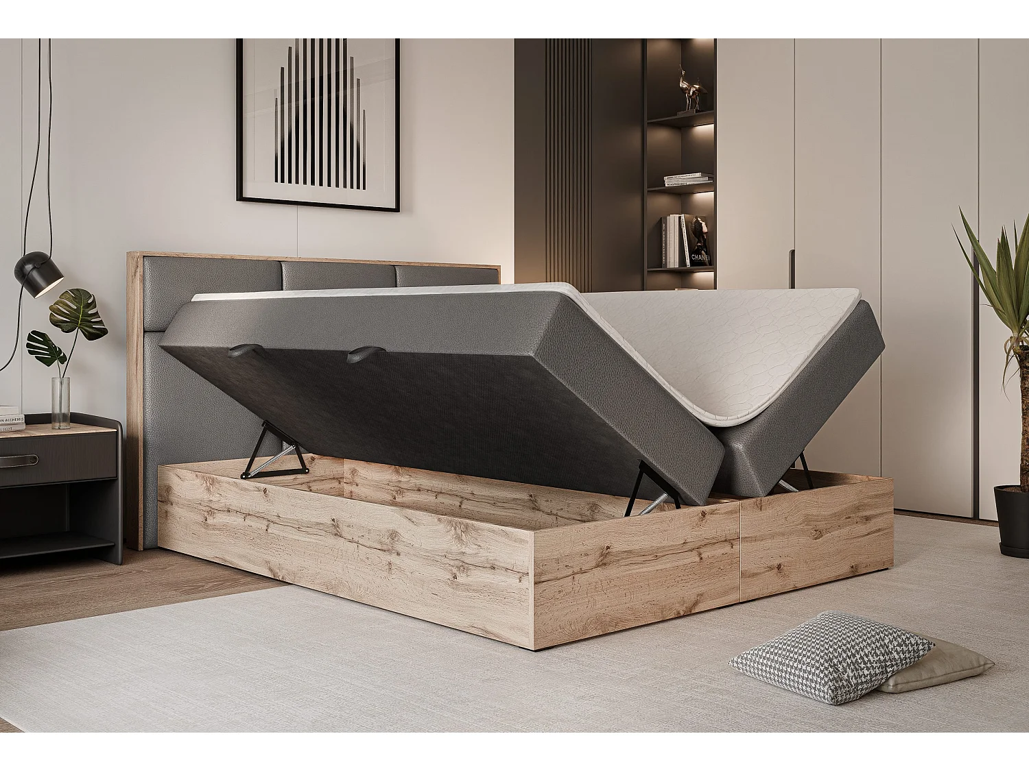 Lit continental rembourré avec surmatelas, gris  - 140x200 - LAVIO