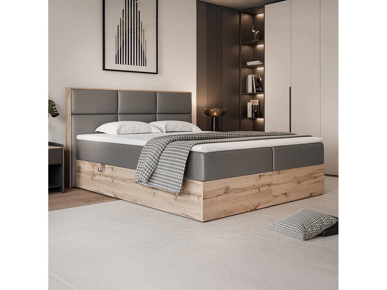 Lit continental rembourré avec surmatelas, gris  - 140x200 - LAVIO