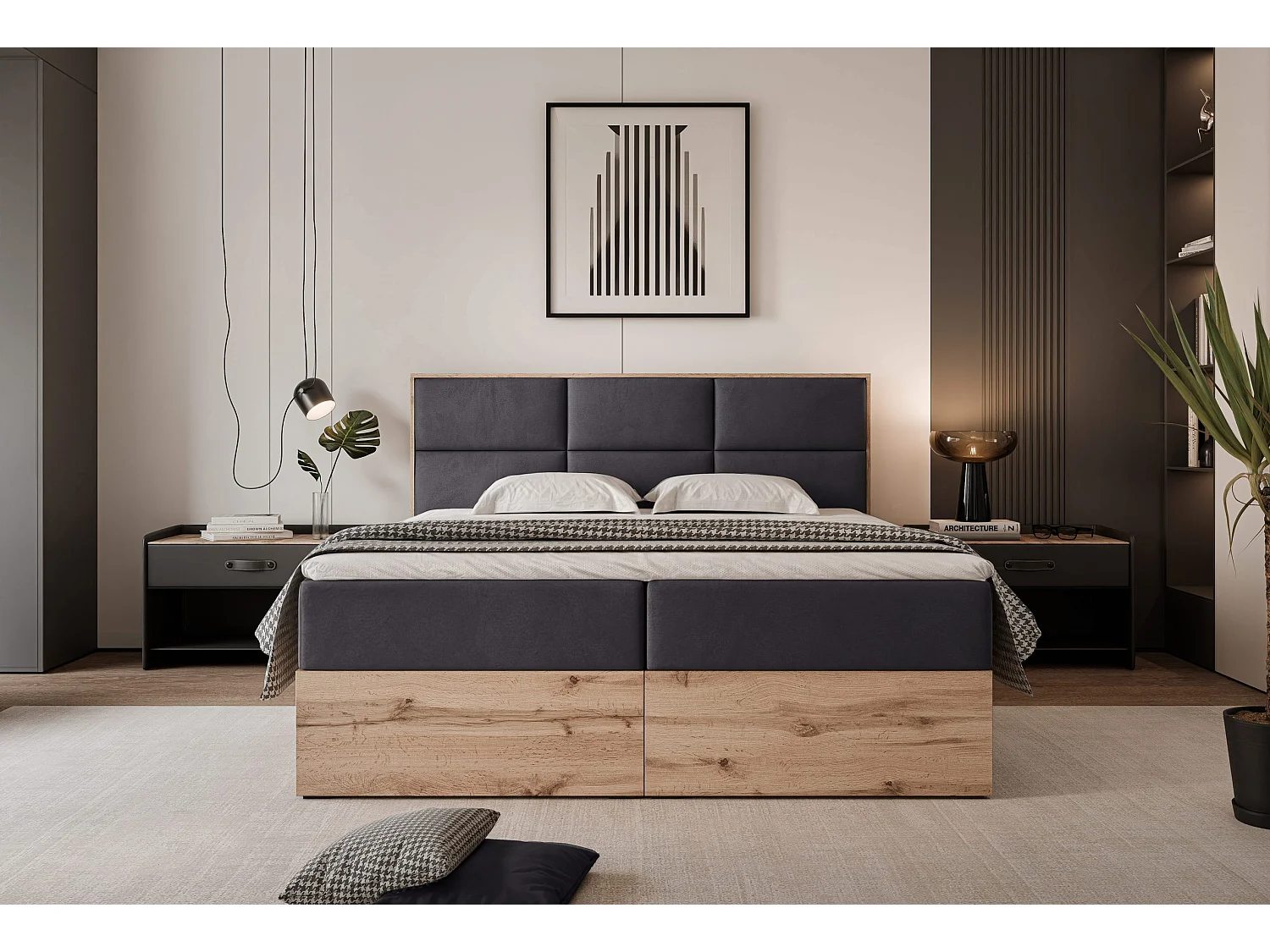 Lit continental rembourré avec surmatelas, gris anthracite - 180x200 - LAVIO