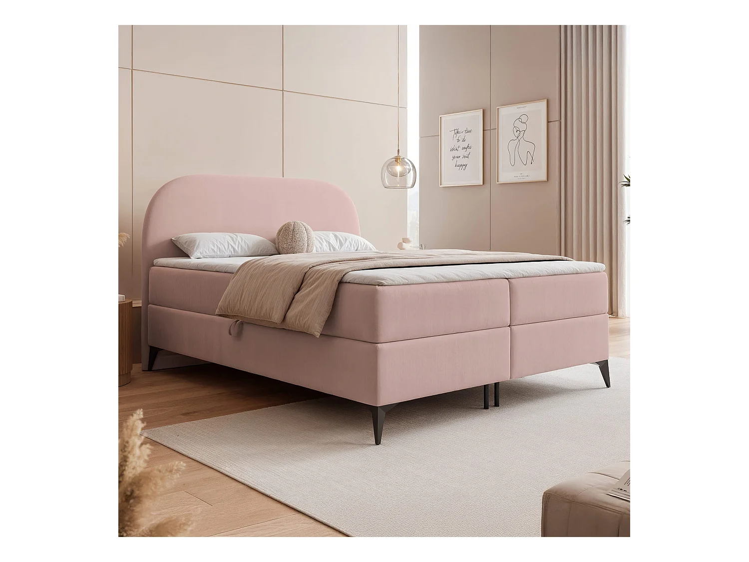 Lit continental rembourré sur pieds avec surmatelas, rose poudré - 180x200 - NOELIA