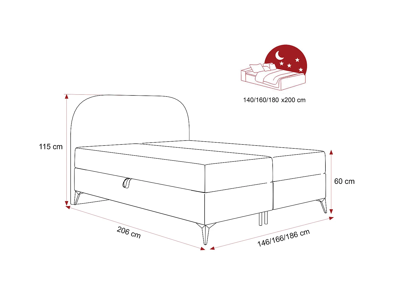 Lit continental rembourré sur pieds avec surmatelas, rose poudré - 180x200 - NOELIA