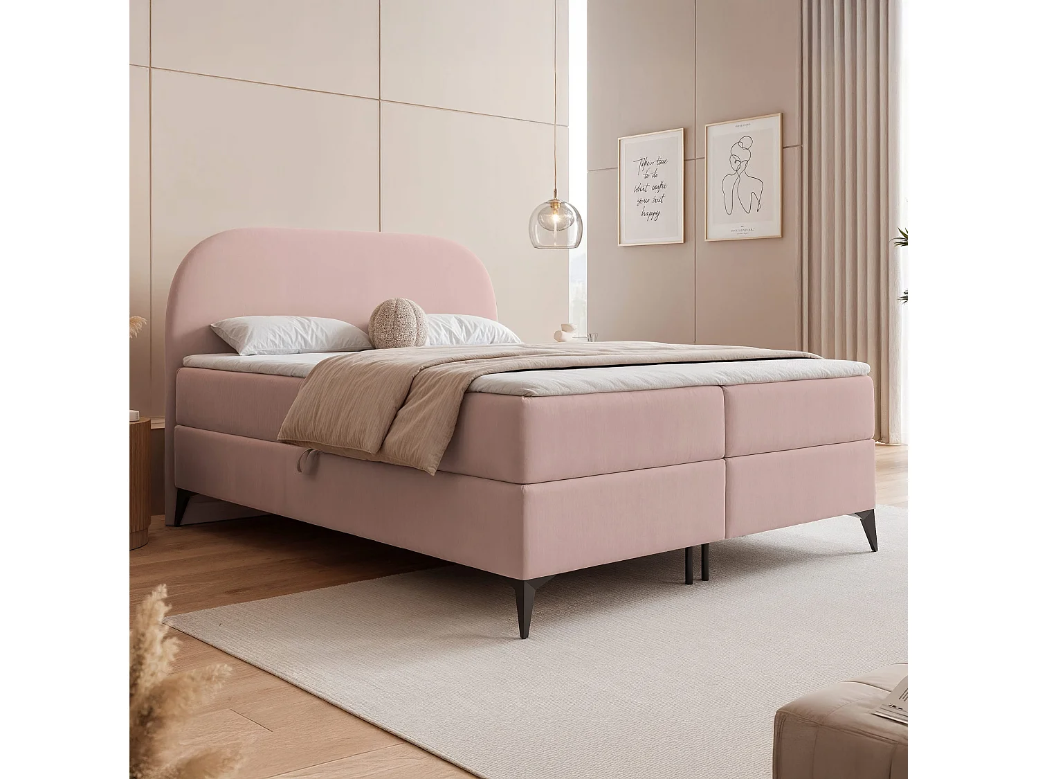 Lit continental rembourré sur pieds avec surmatelas, rose poudré - 180x200 - NOELIA